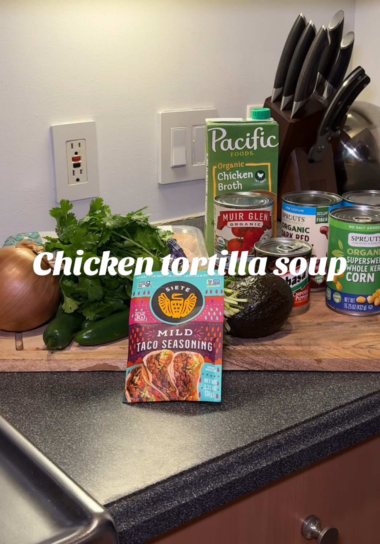 Tonight’s menu: Chicken Tortilla Soup Ingredients: 2 lb chicken breast 1 yellow onion 3 jalapeños 3 cloves garlic 1 can kidney beans 1 can black beans 1 can corn 1 1/2 cans roasted diced tomatoes with mild chilis 1 can chipotle peppers (juice) 1 container chicken broth 1 pack Siete taco seasoning 1 tbsp chicken bouillon 1 1/2 cup water Cilantro Avocado Sour cream Prep: Butterfly chicken breast and season with olive oil and taco seasoning. Brown in pot on medium high heat and remove. Add garlic, onion, and jalapeño to pot, cook until onion is yellow. Add tomatoes, corn, and beans. Add chicken broth, bouillon, and water. Bring to a simmer. Add chicken and cook for 7-10 minutes. When chicken is done, shred and add back to pot. Garnish with lime, cilantro, avocado, and sour cream! -  #couple #dinner #mealinspo #dinneridea #cookingtiktok @Pacific Foods @Graza @Siete Foods @Sprouts Farmers Market 