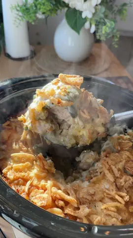 Thanksgiving Casserole (Crockpot) Ingredients: 	•	2 russet potatoes, peeled and chopped 	•	5 tbsp butter 	•	Salt, to taste 	•	2 chicken breasts, cut into bite-size pieces 	•	Kinder’s Herb & Garlic Butter seasoning 	•	1 can cream of chicken soup 	•	1 box chicken stuffing mix 	•	1 bag frozen green beans 	•	1 can cream of mushroom soup 	•	½ can chicken broth 	•	1 bag shredded mozzarella cheese 	•	French fried onions, for topping Instructions: 	1.	Add the chopped potatoes, butter, and salt to the bottom of your crockpot. 	2.	Season the chicken pieces with Kinder’s Herb & Garlic Butter and layer them on top of the potatoes. 	3.	Spread the cream of chicken soup evenly over the chicken (do not mix). 	4.	Layer on the dry stuffing mix, then the frozen green beans. 	5.	Spoon the cream of mushroom soup over the top, then pour in ½ can of chicken broth. 	6.	Sprinkle the shredded mozzarella over everything. 	7.	Cover and cook on high for 4 hours. 	8.	Once done, top with French fried onions before serving. #ThanksgivingCasserole #Cheapmeals #EasyDinner #SlowCookerMeals #DumpAndGoDinner