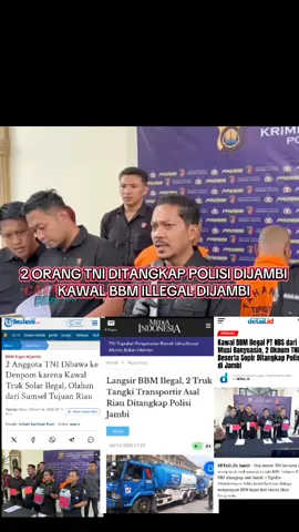 Persoalan BBM ilegal kembali menjadi sorotan. Dua truk tangki berwarna biru-putih melaju di Jalan Lintas Sumatera seperti kendaraan resmi Pertamina.  Dari luar tampak legal. Tapi, di balik cat perusahaan dan logo korporasi energi itu ternyata mengangkut solar olahan ilegal alias BBM ilegal dari Musi Banyuasin, Sumatera Selatan. Yang lebih mencengangkan, di balik kemudi dan kabin pengawalan, Polda Jambi menemukan dua oknum anggota TNI yang ikut mengawal perjalanan truk tersebut.Temuan itu menambah panjang daftar praktik penyelundupan BBM olahan yang selama ini menjalar dari wilayah pengolahan minyak ilegal di Sumatera Selatan ke provinsi tetangga, termasuk Jambi dan Riau.Direktorat Reserse Kriminal Khusus (Ditreskrimsus) Polda Jambi membongkar jaringan ini setelah mengamankan dua truk tangki di dua lokasi berbeda. Kasubdit Tipiter Ditreskrimsus Polda Jambi, Kompol Hadi Handoko, mengatakan, masing-masing truk dikawal oleh seorang oknum TNI saat penangkapan.Jadi ada dua orang berinisial S bersama oknum TNI, dan di TKP kedua ada RAR juga bersama oknum TNI,