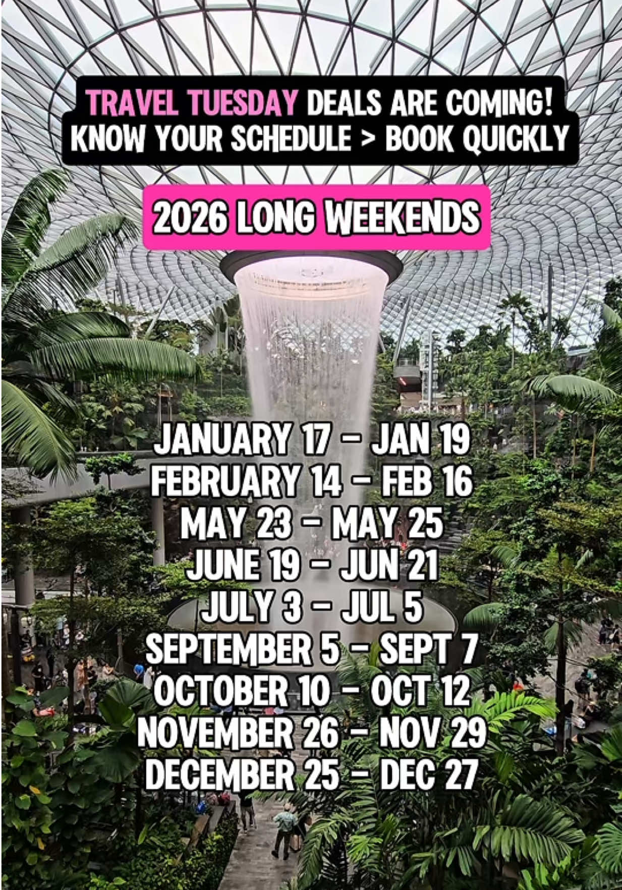 We don’t travel full-time, we work regular hours & have to travel between school breaks - meaning we have to plan ahead & be strategic BUT the good news about planni in advance is you have time to find DEALS! 🙌  And as you know deals are a life saver when traveling with a big family! 😅 So start planning an outline for your 2026 now, and be ready to hop on those deals when they go live for Black Friday, cyber Monday and of course travel Tuesday! ✨SEND this list to your friends that you want to travel with! 📍Jewel Changi Airport, Singapore  #familytravel #traveltuesday #traveldeals #wanderlust #jewelchangiairport  