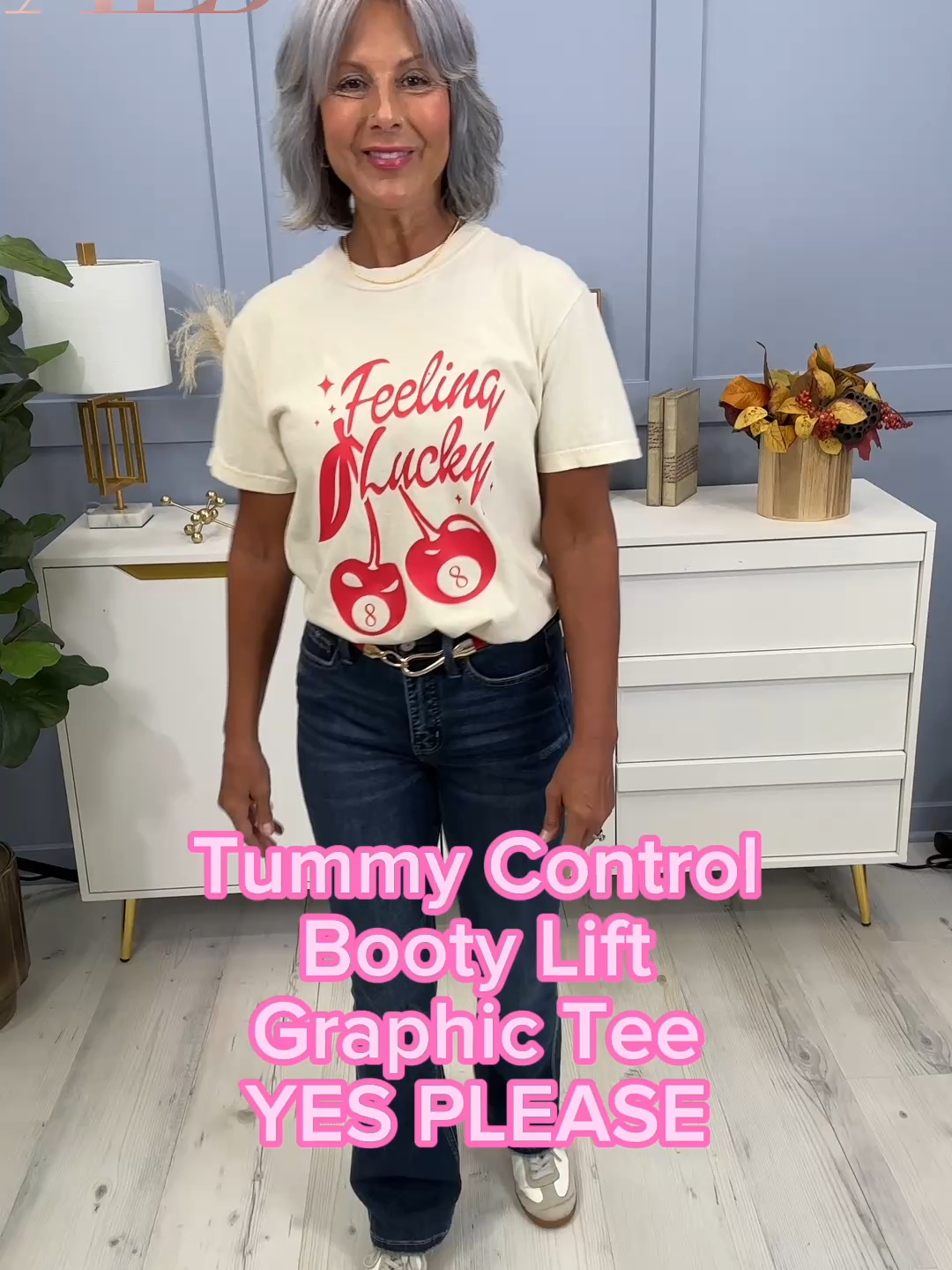 Tummy control. Booty lift. Graphic tee. This is what I call a realistic everyday outfit, no tugging, no weird fits, just clothes that work for women over 50. #Over50Style #realoutfit #everydaystyle #tummycontroljeans #bootyliftjeans #graphictee #midlifefashion #comfortableoutfit #TikTokShopBlackFriday #momstyleapproved #ootdforrealwomen