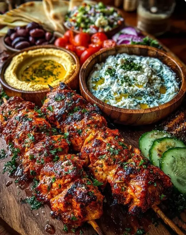 Mediterranean Chicken Skewers🥒🍅 Ingredients: 	•	1 ½ lbs chicken breast or thighs, cut into 1-inch cubes 	•	3 tbsp olive oil 	•	3 cloves garlic, minced 	•	Juice of 1 lemon 	•	2 tsp dried oregano 	•	1 tsp paprika 	•	½ tsp cumin 	•	Salt and black pepper, to taste 	•	1 tbsp red wine vinegar (optional for extra tang) 	•	Wooden or metal skewers Optional for serving: 	•	Tzatziki sauce 	•	Pita bread or rice 	•	Chopped cucumbers, tomatoes, red onion, and feta Instructions: 	1.	Marinate the chicken: In a bowl, whisk together olive oil, lemon juice, garlic, oregano, paprika, cumin, salt, pepper, and red wine vinegar. Add chicken and toss to coat. Cover and marinate for at least 30 minutes (or up to 8 hours for deeper flavor). 	2.	Assemble the skewers: Thread marinated chicken pieces onto skewers, leaving a little space between each cube. 	3.	Cook: 	•	Grill: Preheat grill to medium-high heat. Cook skewers 10–12 minutes, turning occasionally, until chicken is golden and cooked through. 	•	Oven: Bake at 425°F (220°C) for 18–20 minutes or until fully cooked. 	•	Stovetop: Sear on a grill pan or skillet over medium-high heat until browned and cooked through. 	4.	Serve: Plate with warm pita, tzatziki, and a simple Mediterranean salad (cucumber, tomato, onion, feta, and olive oil).