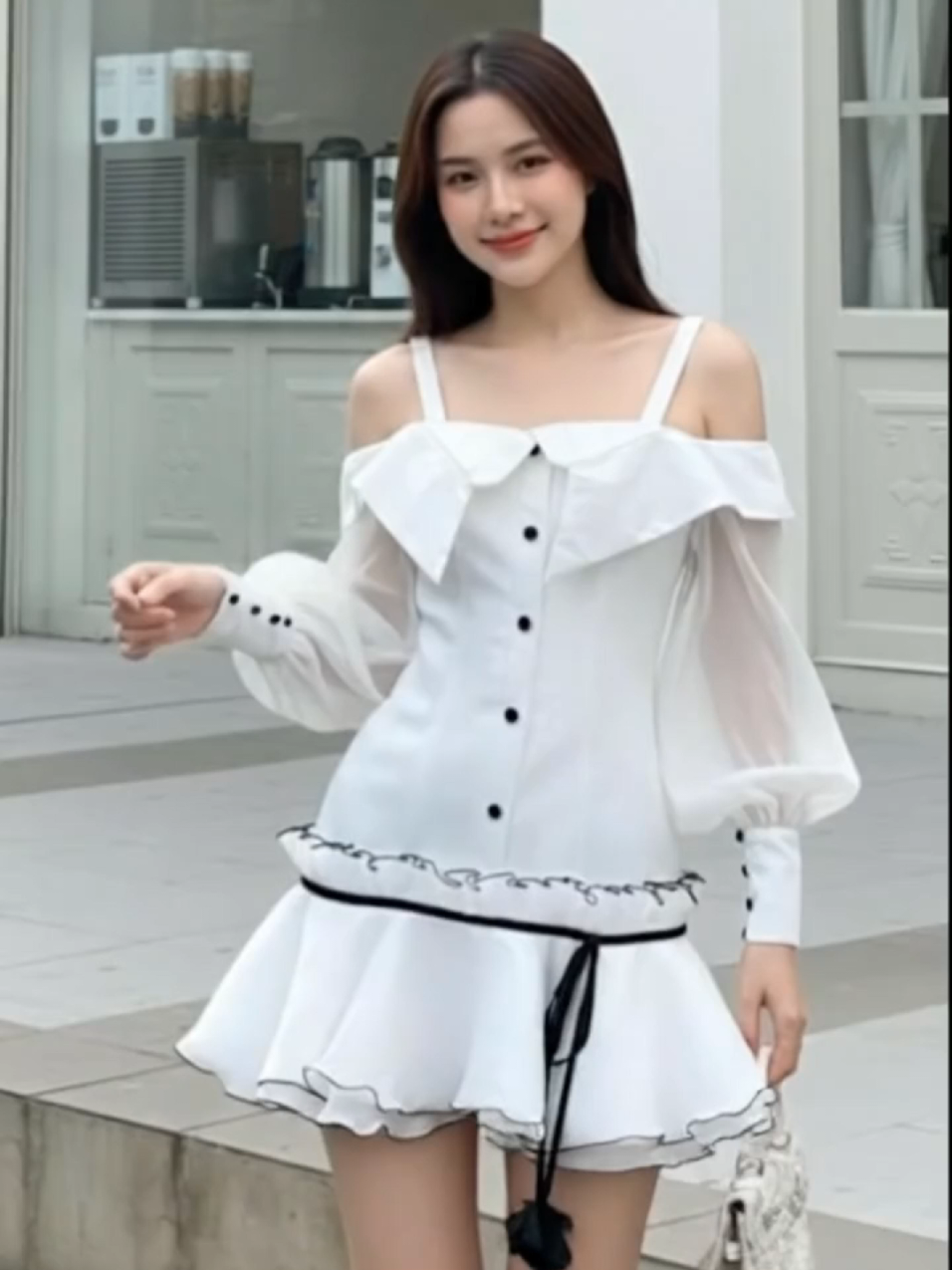 Đầm trắng trễ vai tay dài #thoitrangnu #vayxinh #vaynu 