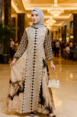 Elegan dengan sentuhan motif etnik yang berkelas ✨ Warna netral yang manis, cocok untuk tampil anggun dan percaya diri di setiap acara 🤎🌿 #GamisEtnikModern #GamisPestaElegan #BusanaMuslimCantik #OotdHijabAnggun #FashionHijabMewah