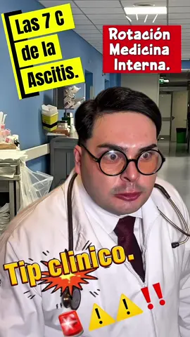 🚨🚨Las 7 C de la ascitis 🔥 Si ves a un paciente con abdomen distendido, recuerda estas causas principales 👇 🩸 Cirrhosis — por hipertensión portal. ❤️ Congestive heart failure — falla cardiaca congestiva. 🎗️ Cancer — carcinomatosis peritoneal. 🫀 Caval compression — obstrucción de la vena cava. 💢 Constrictive pericarditis — presión externa al corazón. 🧫 Chronic proteinuria — pérdida de proteínas por riñón. 🧬 Collagen vascular disease — lupus u otras autoinmunes. ➡️ En resumen: exceso de presión, pérdida de proteínas o infiltración del peritoneo.🫡👀🚨#medstudent #medicina #viral #fyp #STEMTok 
