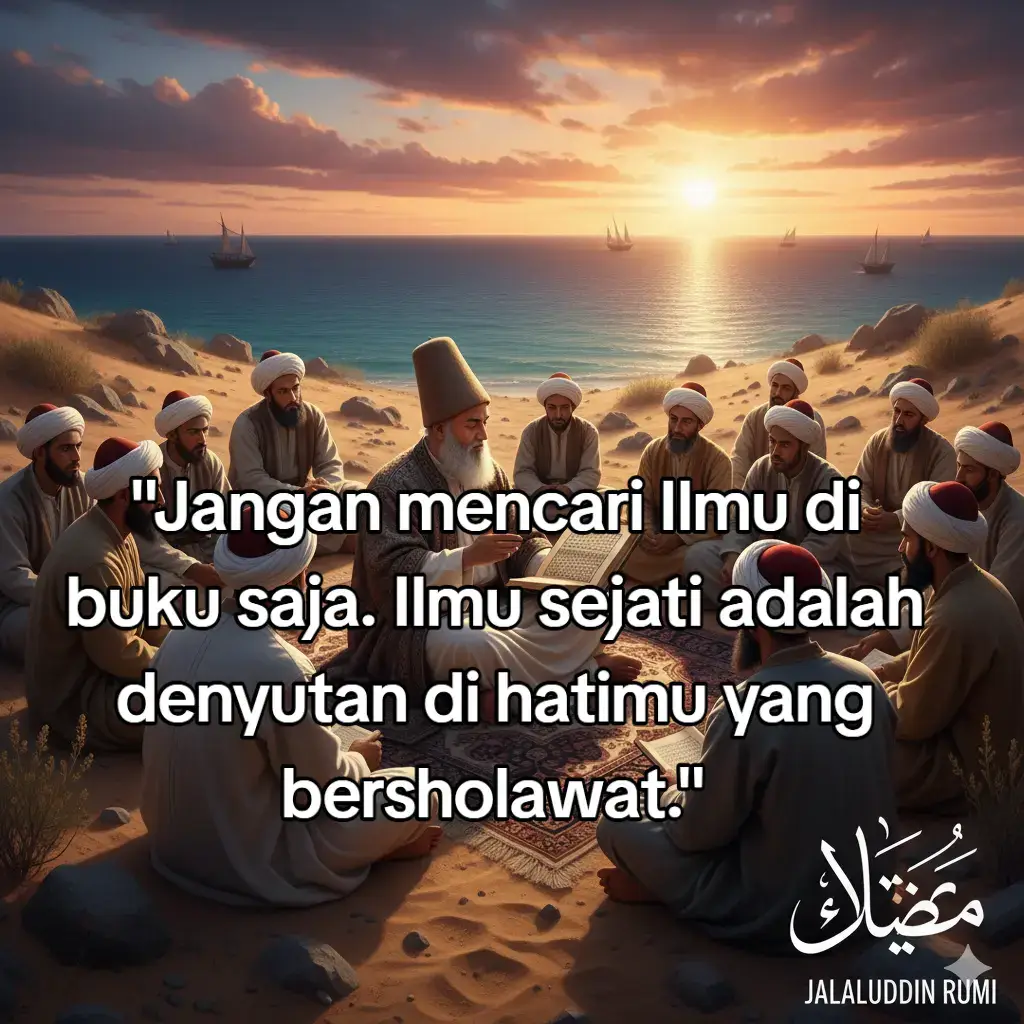 ​Sholawat adalah nafas yang menyucikan, membawa Ilmu menjadi cahaya, bukan beban. Hanya dengan hati yang basah oleh puja, Berkah sejati akan turun, bukan dari usaha semata, tapi dari penyerahan yang total. Jadikan lidahmu sungai yang tak pernah kering memuji Sang Kekasih (Nabi), maka ilmumu akan berbuah, dan hidupmu akan menjadi berkah bagi semesta. ​Tagar ​#RumiCinta #SholawatNadiHidup #IlmuHati #BerkahMengalir #JalanSufi
