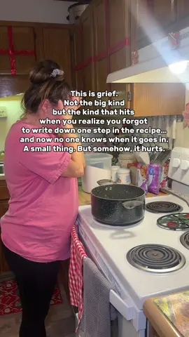 This is GRIEF. Something that seems so small made me ball my eyes out. First it started in the grocery store while looking at the recipe I wrote down last year with my step mom explaining how to make the fudge, that I didn’t write down what ounces I needed, I just put 2 bags of this and 2 small cans not thinking how important it is to know the right amount because I could just call her and ask if what I thought a year ago. Then after getting home I realized I forgot to write down on when I pour in the chocolate chips and everyone I called had no idea, that is when I realized the one person I really needed to talk to and ask questions wasn’t able to ever answer my calls again, and I broke down. This is grief. Please pay attention to your loved ones in the kitchen cooking your favorite things, ask questions, write them down!!! #CapCut #holidaygrief #griefjourney #grieftok #griefandloss 