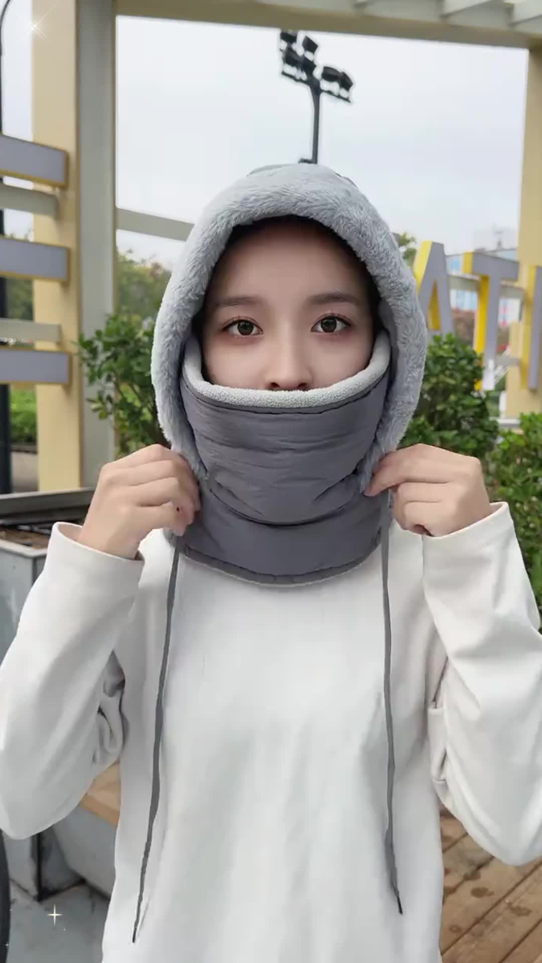 Topi Lei Feng, Uniseks, Hangat, dengan Lapik Bulu, Topeng Muka dan Pemanas Leher Kalis Sejuk Tebal, Tudung Berbasikal Kalis Angin Luaran Bersepadu, Sesuai untuk Musim Sejuk 