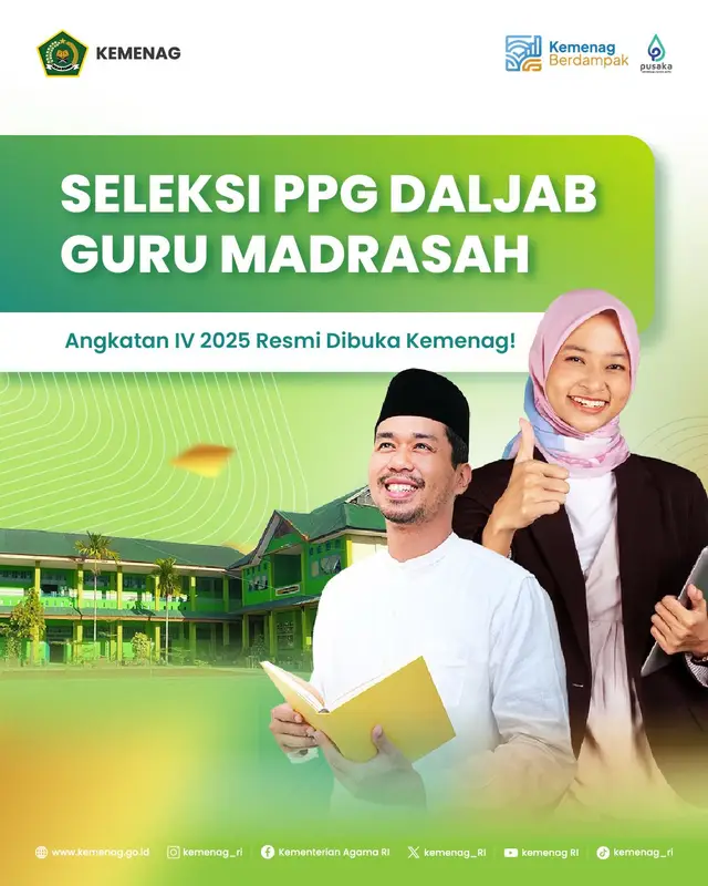 ​Kabar gembira! Seleksi PPG Dalam Jabatan (Daljab) Angkatan IV Tahun 2025 resmi dibuka bagi guru madrasah yang belum bersertifikat pendidik. Program ini adalah upaya Kemenag untuk meningkatkan profesionalisme dan kompetensi guru di seluruh Indonesia. ​Cek Jadwal Penting: ​- Pendaftaran: Kamis, 6 November - Selasa, 11 November 2025 ​- Pengumuman Hasil Seleksi: Senin, 17 November 2025 ​Syarat Utama: Terdaftar aktif di EMIS GTK, memiliki TMT pengangkatan paling lambat 30 Juni 2023, dan memiliki kualifikasi akademik minimal S1/D-IV. ​Jangan lewatkan kesempatan ini! ​Baca selengkapnya dengan scan QR Code atau kunjungi www.kemenag.go.id ​#Kemenag #PPGDaljab #GuruMadrasah #SertifikasiGuru #EMISGTK