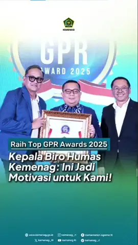 Alhamdulillah! Kementerian Agama Raih Penghargaan di Ajang Top GPR Award 2025. ​Kepala Biro Humas dan Komunikasi Publik Kemenag, Dr. Thobib Al Asyhar, M.Si., menerima secara langsung penghargaan dari GPR Institute. ​