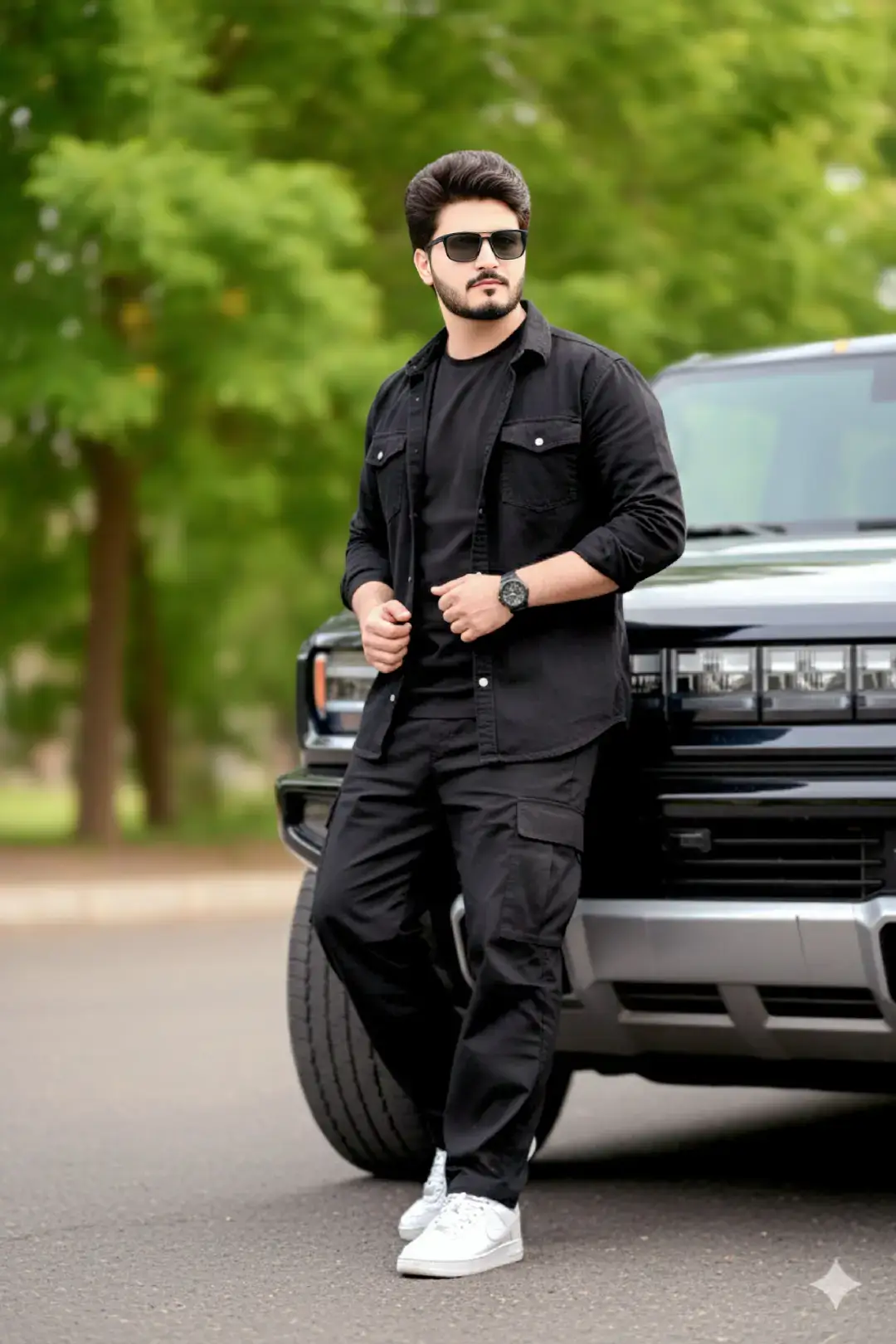 Create a hyper realistic image of full body of a stylish 22 year old (use my reference image) handsome man, dark black denim shirt over a black tshirt with black baggi cargo pants, white nike stylish sneakers, watch is left hand, well dark voluminous black hair, stylish sunglasses, Leaning between front side of hummer ev, There will be some trees in the background that will be blurred, like when taking photos with a DSLR, natural light. Keep my face same as in the reference image. #trending #foryoupage #dontunderreviewmyvideo #gemini #prompt 
