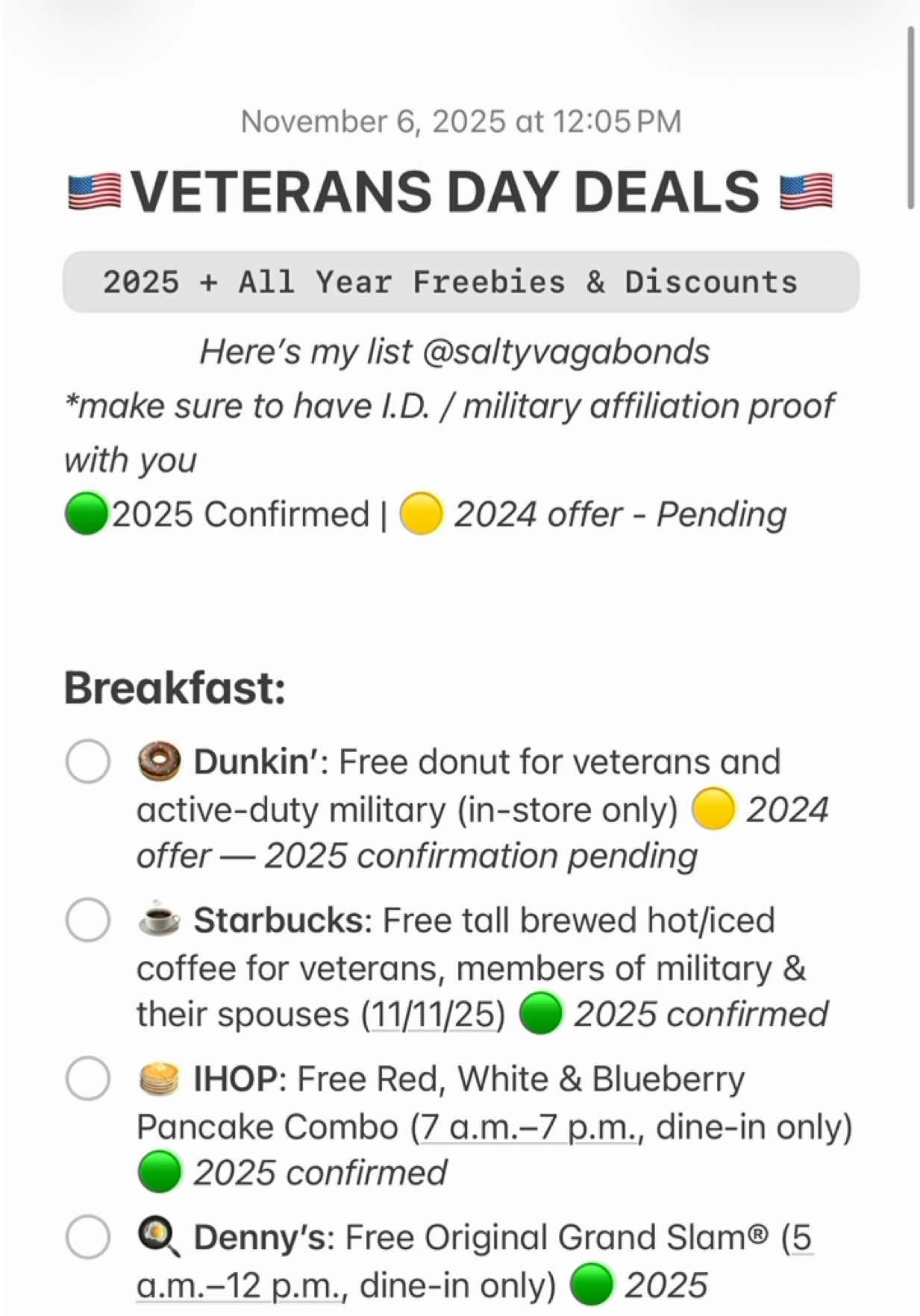 The 2025 Veterans Day Freebies List is HERE 🎖️ This is the running list of every verified deal from free breakfast pancakes 🥞 to burgers 🍔 and coffee ☕️  updating daily until Nov 11th! 💥 New restaurants and brands keep adding offers every day, so if you don’t see your fave yet… it’s probably coming soon 👀  Want the link to the full list? Comment VETS2025 and I’ll DM it straight to you 🇺🇸  #veteransdayfreebies #veteransdaydeals #militarydiscounts #veteransday2025 #freefoodforvets  veterans day freebies 2025 | best breakfast vetern day deals | veteran day deal | Army | Air Force | Veterans Day Food | Active Duty | military | navy | Marines | space force | coast guard | military benefits | free food | freebies | free stuff 