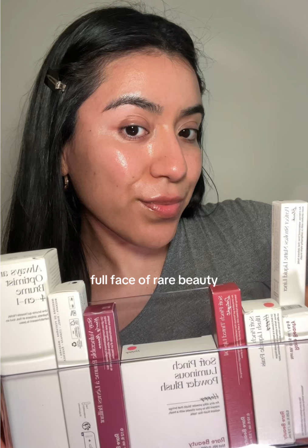 @Rare Beauty sent me some new products so we tried them all!!! Thank you so much to their team 🫶🏼 @Selena Gomez  Products used:  - cream bronzer— shade happy sol  - soft pinch liquid blush— shade happy  - soft pinch luminous powder blush— shade happy  - always an optimist prime and set mist  - brow harmony flexible lifting and laminating eyebrow gel  - perfect strokes universal volumizing mascara  - perfect strokes matte liquid eyeliner  - soft pinch tinted lip oil stain— shade delight  #fullfaceofrarebeauty #selenagomezmakeup #makeuptutorial #glowymakeup #rarebeautymakeup 