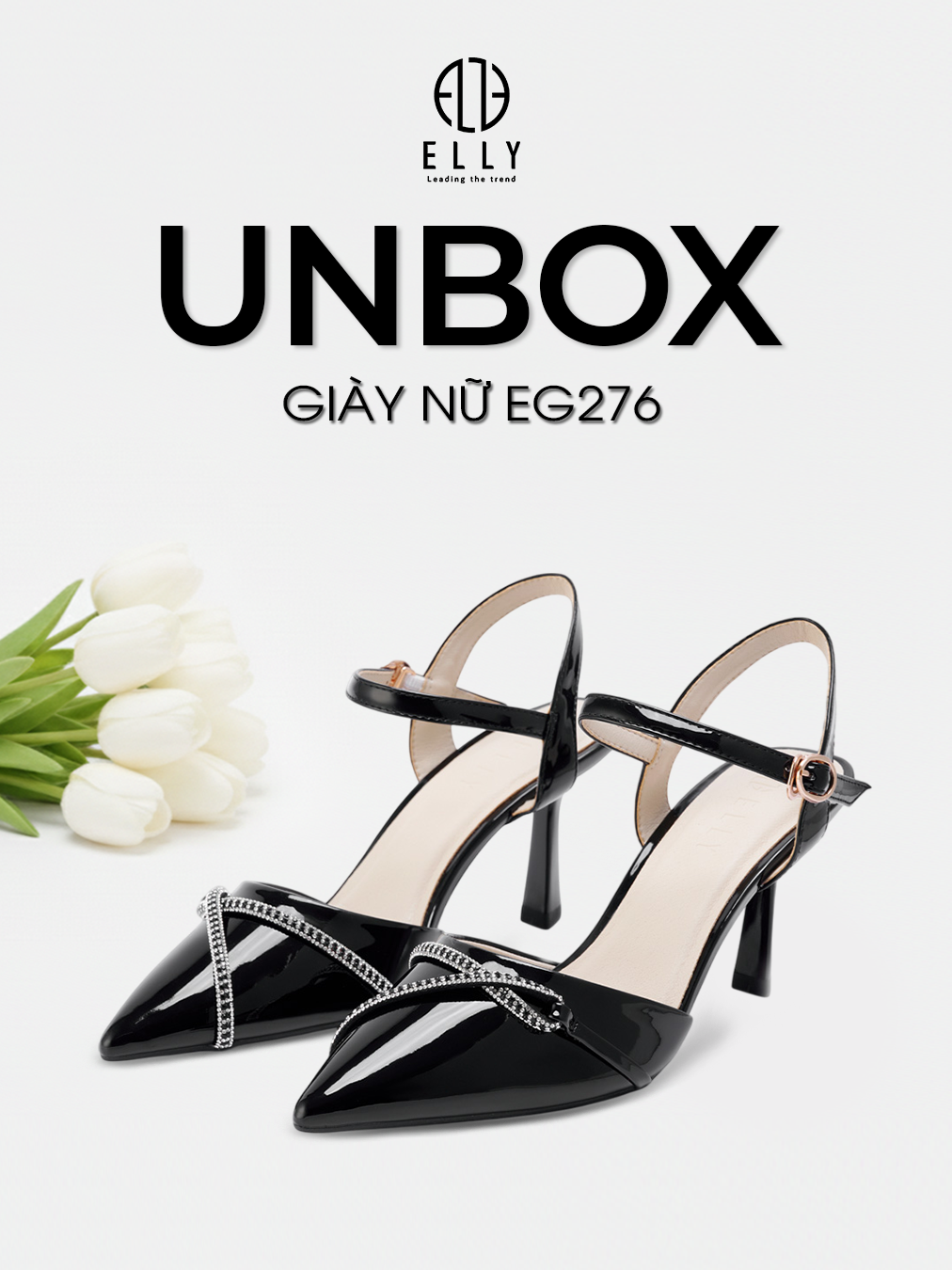 Giày cao gót ELLY – EG276 sở hữu thiết kế mũi nhọn tinh tế, kết hợp dây trang trí giả đá lấp lánh, tôn lên vẻ sang trọng và cuốn hút. Chất liệu da bóng cao cấp cùng quai hậu thanh mảnh giúp nâng niu từng bước chân, mang đến sự tự tin và duyên dáng cho phái đẹp. #elly #ellyvietnam #thoitrangelly #EG276 #giaydep