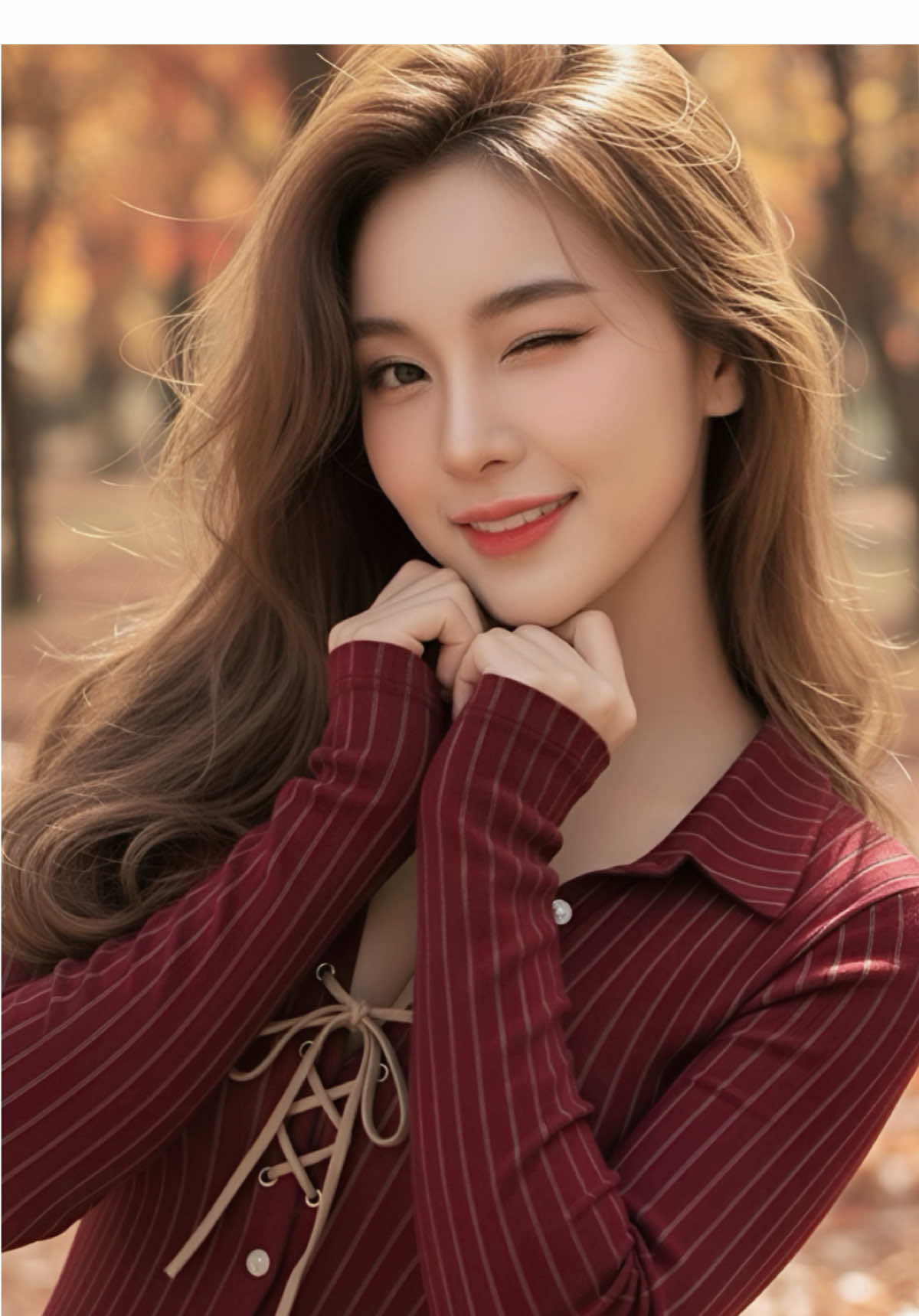 Prompt : A beautiful young Asian woman with long, flowing light chesnut brown hair, styled with a gentle wave and some strands playfully blown by a subtle breeze. She has a fair complexion, soft, natural makeup with a hint of pink on her lips and cheeks, and warm, expressive eyes. Her expression is a gentle, bright smile, looking directly at the viewer with one eye wink. Posing with both hands raised near her chin. She is wearing a form-fitting, long-sleeved maroon or deep red thin vertical striped collared shirt. The shirt is untucked and partially unbuttoned, revealing a subtle hint of cleavage, and features a decorative beige lace-up detail over the bust. Over her shirt, she has an open, light brown or khaki-colored bomber jacket. The background is an enchanting autumn forest or park. The trees are adorned with vibrant fall foliage, showcasing a beautiful blend of deep reds, oranges, and golden yellows. The ground is thickly covered with fallen leaves in similar rich autumn colors, creating a soft, natural carpet. The lighting is soft, natural, and warm, suggesting either late afternoon or early morning sunlight filtered through the trees. There are subtle highlights on her hair and skin, indicating gentle illumination from the front or slightly to the side. The overall mood is bright but diffused, avoiding harsh shadows. A close-up half body shot focusing on subject face. The background is slightly out of focus, providing a pleasing bokeh effect that emphasizes the subject while still establishing the autumnal context. Style : Photorealistic, high-resolution, sharp focus on the subject, natural colors, outdoor portrait photography. Keywords: beautiful young woman, Asian, long brown hair, autumn leaves, fall colors, red striped shirt, unbuttoned, lace-up detail, khaki jacket, natural light, soft smile, outdoor portrait, photorealistic, high detail, vibrant, warm tones, charming. #LioraKim #GeminiAI #FYP #FallFashion #Beauty 