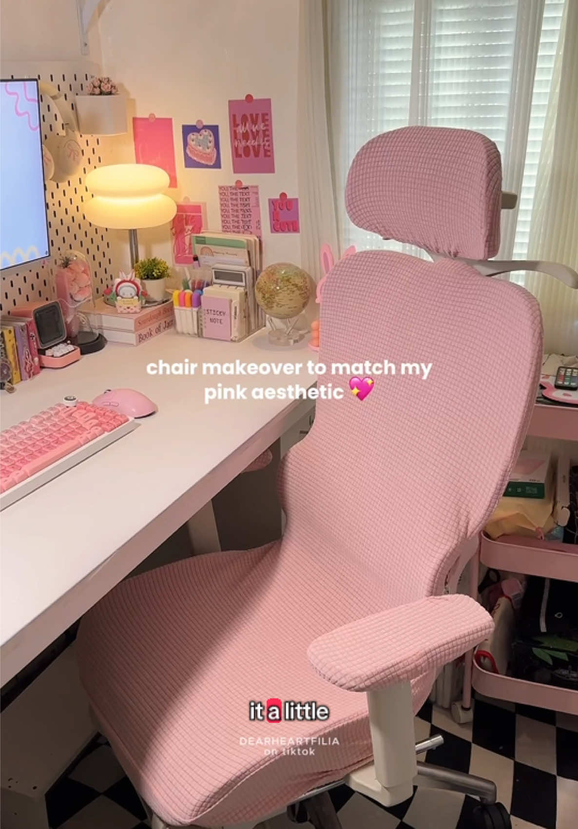 from plain grey chair to soft pink! 💕 #chaircover #officechaircover #ergonomicchaircover #desksetup #workspace 