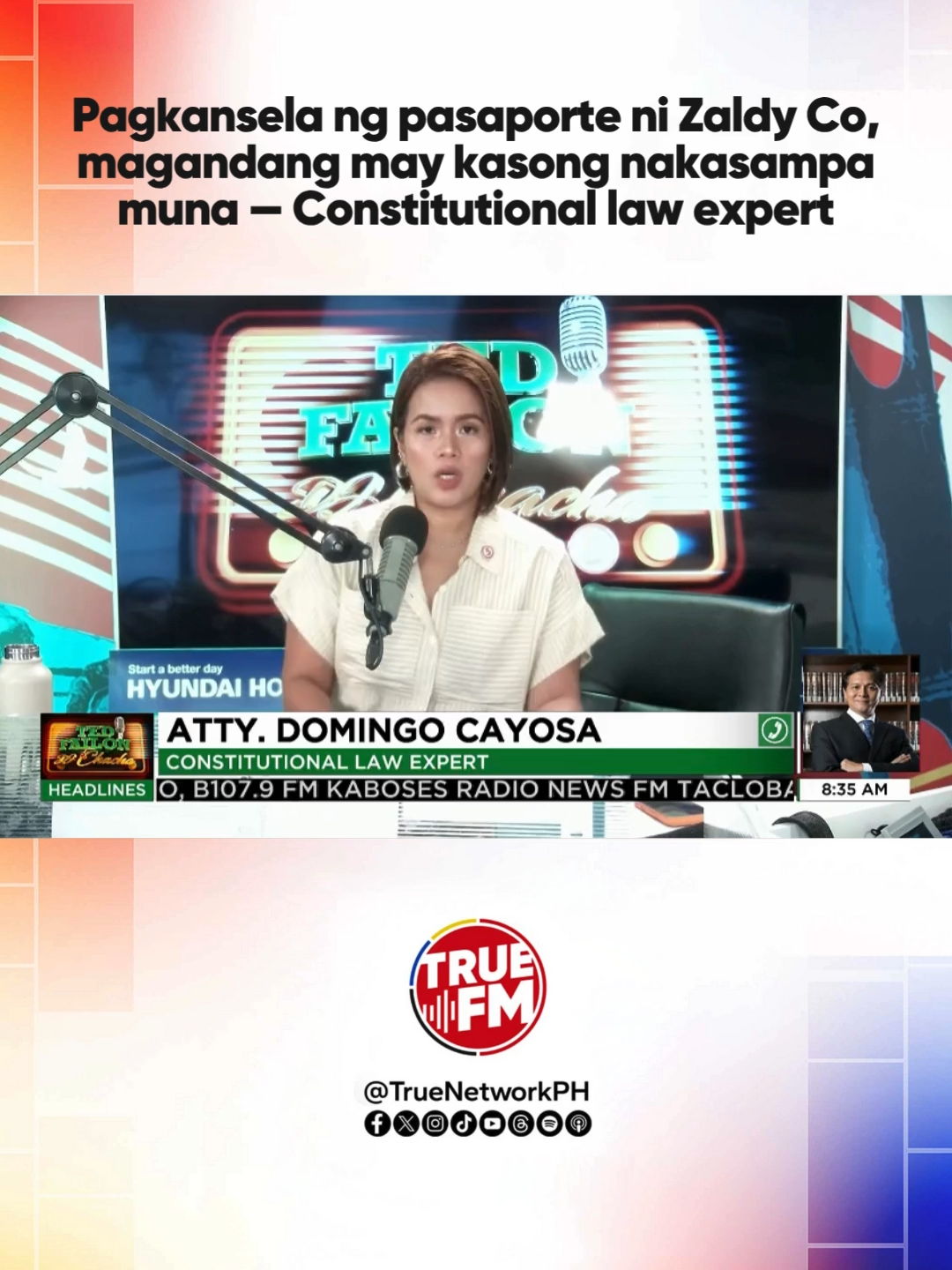 Mas mainam na mayroong kasong nakasampa laban kay dating Ako Bicol Party-list Rep. Zaldy Co para makansela ang kanyang pasaporte dahil kung wala aniya ito, maaaring kuwestiyunin 'yan ng kanyang kampo, ayon kay Atty. Domingo Cayosa, isang Constitutional law expert. Pakinggan ang full interview sa True FM Facebook page and News5 YouTube channel. #TedFailonAndDJChacha #DitoTayoSaTotoo #SaTrue #TrueFM #TrueTV #domingocayosa #contitutionallawexpert #zaldyco