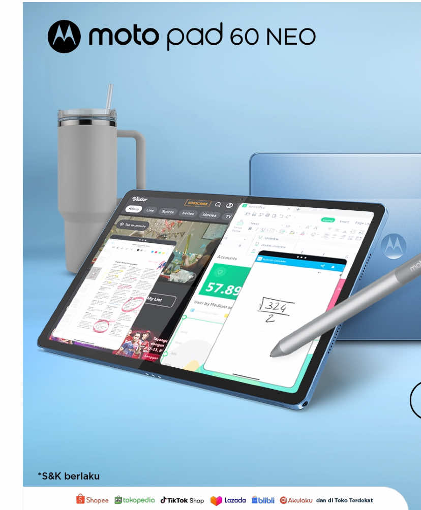 moto pad 60 NEO, si paling ulti di jaman multi yang bikin kerjaan, hiburan, dan multitasking jadi sat set! Nikmati Smart Connect, fitur mahal multi device tanpa kabel buat kamu konekin HP, Laptop, dan Tablet secara seamless. Drag and drop file jadi super gampang! Produktivitas juga pasti lancar dengan moto pen yang responsif dan presisi! Cocok banget buat kamu yang suka sketching, mencatat, atau editing foto/video karena udah dilengkapi Moto Pen! Pengalaman visual & audio juga bakal manjain kamu banget dengan layar 11” 2.5K yang jernih, tajam, dan quad Dolby Atmos Speakers, pengalaman sempurna buat nonton, gaming, atau desain. Buat performance juga gak perlu diraguin lagi, ada MediaTek™️ Dimensity 6300 yang bikin multitasking kamu lancar jaya. Beli sekarang, hanya Rp2,869,000 & dapatkan BENEFIT senilai 1,6 juta! #motopad60NEO #IniRuangmu #MotorolaIndonesia 