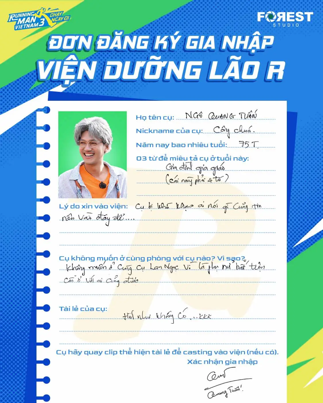 Viện dưỡng lão R hân hạnh chào đón người con của gia đình gia giáo - cụ Quang Tuấn là ứng viên sáng giá tiếp theo gia nhập vào “viện chung” 👨🏼‍🦳 Nổi bật với nhiều vai diễn thời còn trẻ và trở thành huyền thoại khi liên tục xuất hiện trên poster của nhiều bộ phim ăn khách. Giờ đây tại Viện Dưỡng Lão R, cụ Quang Tuấn aka Công chúa cùng những người bạn phải trải qua hàng loạt thử thách nhuốm màu thanh xuân để tìm lại những hồi ức năm nào. Nhưng liệu đó có phải là sự thật?  Tất cả sẽ được hé lộ trong tập phát sóng Thứ Bảy tuần này ---  Tập 6 Running Man Vietnam mùa 3 - CHẠY NGAY ĐI phát sóng vào Thứ Bảy ngày 08/11/2025 lúc 19h30 trên kênh HTV7 và 19h45 trên hệ thống kênh FOREST STUDIO. Ⓒ Running Man Vietnam Season 3 - Bản quyền thuộc Forest Studio. #RunningManVietnam #RunningManVietnamSeason3 #ChayNgayDi #ForestStudio #QuangTuan #chinsu #tuongotchinsu #vanmonngonbungvi #bunglenvantiecvui #NuocmamcacomNamNgu #NuocmamNamNgu #CoNamNguthemhanhphuc #DownyVietnam #THOMMMMM #DookkiVietnam