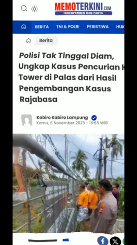 Polisi Tak Tinggal Diam, Ungkap Kasus Pencurian Kabel Tower di Palas dari Hasil Pengembangan Kasus Rajabasa Lampung Selatan,— Jajaran Polsek Palas bersama Unit Reskrim Polres Lampung Selatan berhasil mengungkap kasus pencurian kabel di area tower telekomunikasi milik PT Huawei Tech Investment di Dusun Solo, Desa Tanjungsari, Kecamatan Palas. Kasus ini merupakan hasil pengembangan dari penangkapan tiga pelaku pencurian kabel di Desa Canggung, Kecamatan Rajabasa, beberapa waktu lalu. Dari pemeriksaan, para pelaku mengaku pernah melakukan aksi serupa di wilayah Palas. Polisi pun segera menindaklanjuti pengakuan itu dengan melakukan penyelidikan ke lokasi yang disebutkan. “Polisi tidak tinggal diam. Setelah mendapatkan informasi dari pengembangan kasus di Rajabasa, kami langsung bergerak melakukan pengecekan ke wilayah Palas dan menemukan fakta bahwa benar telah terjadi pencurian kabel di tower telekomunikasi,” ujar Kapolsek Palas Iptu Suyitno, Kamis (30/10/2025). Menurut Suyitno, dari hasil olah tempat kejadian perkara (TKP) di Tower Bersama Site 09KLA0144 Sari Palas_TB, petugas menemukan sisa potongan kabel tembaga dan alat yang digunakan pelaku untuk beraksi. Barang bukti tersebut memperkuat pengakuan para tersangka yang sebelumnya telah diamankan oleh Polres Lampung Selatan. Ketiga pelaku berinisial AL (26), HM (26), dan AS (21), seluruhnya warga Desa Merak Belantung, Kecamatan Kalianda, diduga melakukan pencurian kabel sepanjang 350 meter dengan nilai kerugian mencapai Rp24,5 juta. “Para pelaku memanjat pagar tower dan memotong kabel dari atas hingga bawah menggunakan kunci pas dan obeng. Setelah itu kabel dibakar untuk diambil tembaganya dan dijual ke penadah di luar daerah,” jelas Suyitno. Dari hasil penyelidikan, polisi menyita tiga potongan kabel tower, satu unit mobil Suzuki Carry warna hitam, serta alat yang digunakan pelaku. Suyitno menambahkan, pihaknya juga terus menelusuri jaringan penadah hasil curian yang diduga masih berkaitan dengan aksi tersebut. “Kami tidak berhenti sampai di sini. Pengembangan kasus terus dilakukan karena ada indikasi pelaku sudah beberapa kali beraksi di wilayah Lampung Selatan,” tegasnya. Para tersangka dijerat Pasal 363 KUHP tentang pencurian dengan pemberatan, dengan ancaman pidana maksimal tujuh tahun penjara. Kapolsek Palas Iptu Suyitno juga mengimbau masyarakat untuk lebih waspada terhadap aktivitas mencurigakan di sekitar fasilitas publik. “Kami mengajak warga agar tidak ragu melapor bila mengetahui ada orang yang mondar-mandir di area vital seperti tower, gardu, atau gudang. Kerja sama warga sangat membantu kami dalam menjaga keamanan lingkungan,” katanya