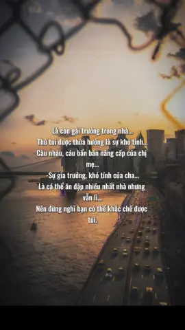Là con gái trưởng trong nhà... Thứ tui được thừa hưởng là sự khó tính... Càu nhàu, cáu bẩn bản nâng cấp của chị mẹ... -Sự gia trưởng, khó tính của cha... Là cá thể ăn đập nhiều nhất nhà nhưng  vẫn lì... Nên đừng nghĩ bạn có thể khắc chế được tui. #viral #story #stt #tamtrang 