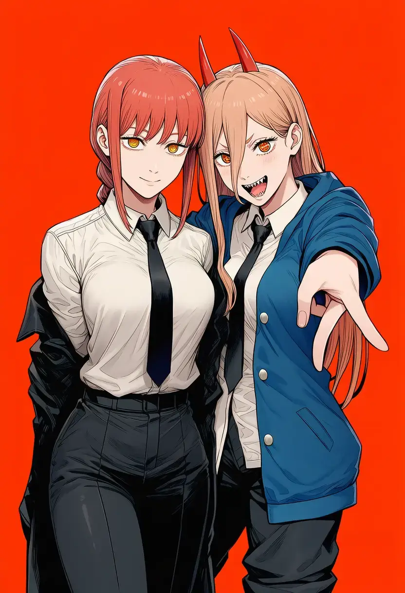 静かな支配と、暴れる自由。 マキマとパワー、対照的なふたりが作る奇妙な均衡。 理性と本能がせめぎ合うその瞬間、 世界がひときわ鮮やかに揺らめく。 2枚目はいつものです。 #マキマ #パワー #チェンソーマン #催眠 #2枚目注意 