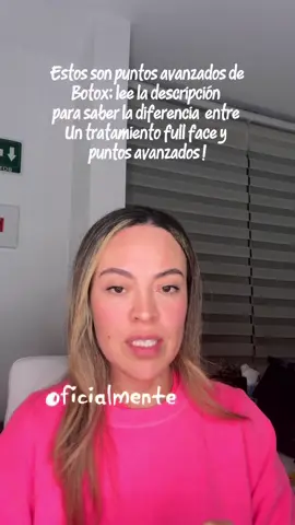 1. Botox Full Face Enfoque: armonización global del rostro. Qué significa: Se aplica toxina botulínica en varias zonas del rostro con el objetivo de lograr un rejuvenecimiento integral, equilibrado y natural. Zonas que suele incluir: 	•	Frente (arrugas horizontales) 	•	Entrecejo (líneas de expresión) 	•	Patas de gallo 	•	Bunny lines (nariz) 	•	Sonrisa gingival 	•	Código de barras (labio superior) 	•	Mentón con “piel de naranja” 	•	Banda platismal del cuello (en algunos paquetes full face) Objetivo: Lograr que todo el rostro se vea más descansado, simétrico y rejuvenecido de manera armoniosa. En resumen: Es una visión global para rejuvenecer todo el rostro combinando varios puntos clásicos. ⸻ ⭐ 2. Puntos Avanzados de Botox (Técnicas Avanzadas) Enfoque: correcciones estéticas más específicas y de mayor precisión. Qué significa: Se aplican puntos que requieren un mayor conocimiento anatómico y técnica avanzada para mejorar detalles estéticos o funcionales no cubiertos por el botox básico o full face tradicional. Incluye puntos como: 	•	Levantamiento avanzado de cejas 	•	Lip Flip con toxina 	•	Slimming del masetero (estilizar rostro o bruxismo) 	•	Depresor del septum para afinar la punta nasal 	•	Sonrisa invertida y comisuras 	•	Tratamiento del DAO para evitar cara triste 	•	“Nefertiti Lift” para definir la línea mandibular y cuello 	•	Corrección de banding platismal avanzada 	•	Apertura de mirada sin efecto “sorpresa” Objetivo: Refinar y perfeccionar detalles del rostro con resultados más estéticos, personalizados y estratégicos. En resumen: Los puntos avanzados van más allá del antiarrugas —buscan estilizar, levantar, definir y embellecer con precisión. #botox #skincare #antiwrinkle #antiedad #hydrafacial  