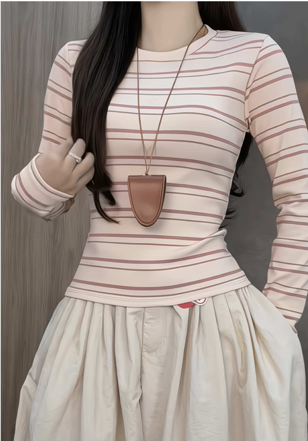 Áo thun dài tay sọc viền nữ chiết eo basic