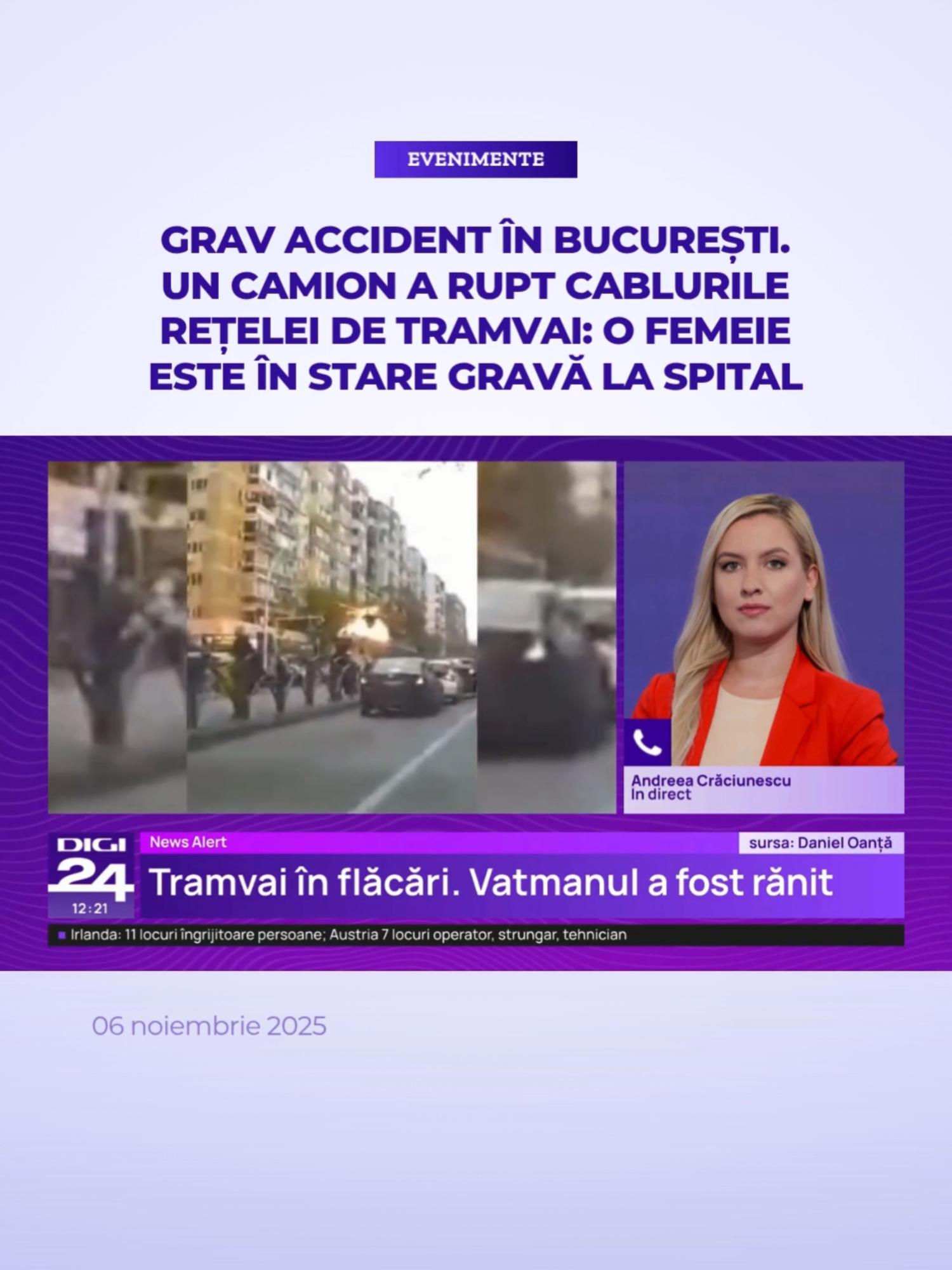 Un accident grav a avut loc joi, în Bucureşti, după ce un camion a acroşat un fir de la reţeaua electrică de contact a tramvaielor, în zona intersecţiei Calea Dudeşti – Şoseaua Mihai Bravu. În cădere, cablul a lovit o femeie aflată pe trotuar. Ea a intrat în stop cardio-respirator şi a fost resuscitată, fiind sub supravegherea medicilor de la Spitalul Sfântul Pantelimon. Circulaţia a fost oprită pe mai multe linii de tramvai pentru intervenţii. #digi24 #stiriledigi24 #tramvai #bucuresti