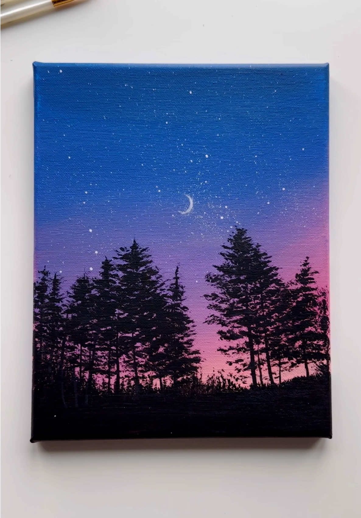 Twilight Over the Pines 💜🌅🌸 . . . . . . . . . . . . . . . . . . . . . . . . . . . . . . . . . . . . . . . . . . . . . . . . #art #arttok #paintingprocess #fypツ #acrylicpainting 