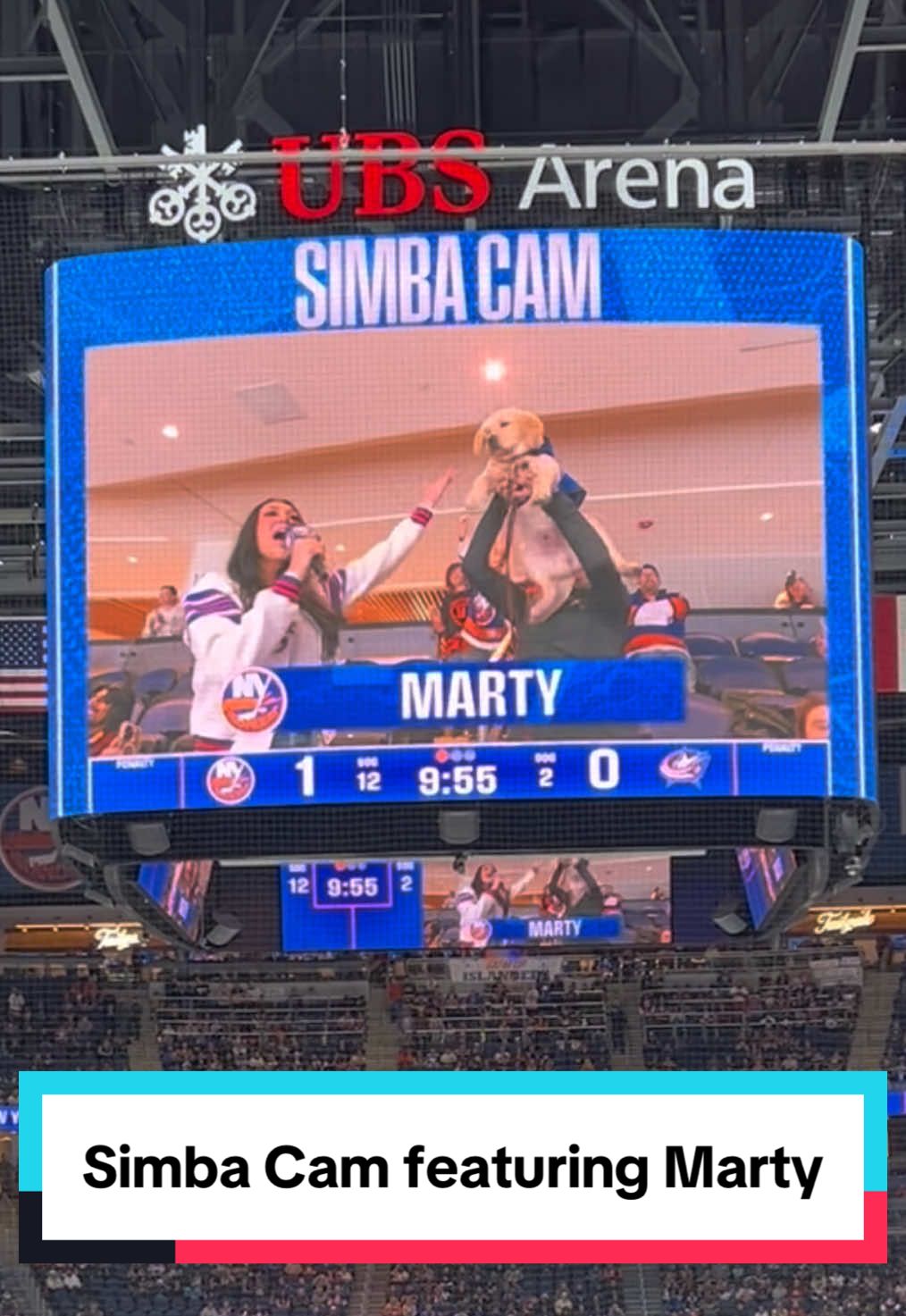 Caught the Simba Cam on the jumbotron at a recent Islanders game at UBS Arena, highlighting the latest New York Islanders pup Marty! Marty is named after retired Islanders fan favorite Matt Martin, and is in training with America’s Vet Dogs! When you visit UBS Arena, make sure to keep an eye out for Marty! 🐕 #isles @New York Islanders 