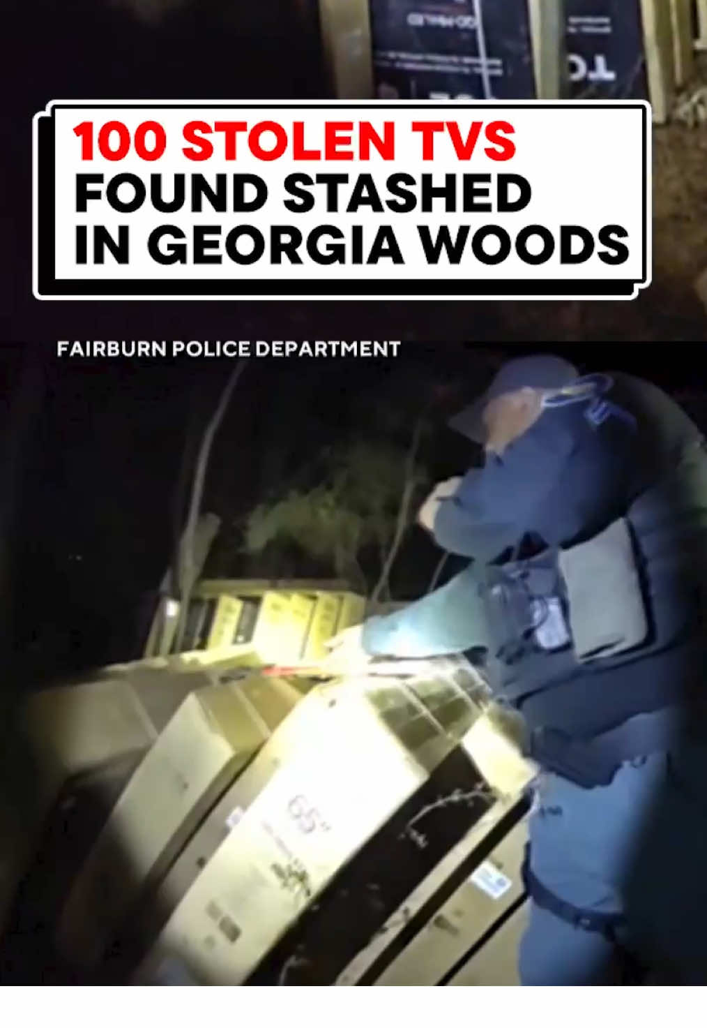 Nearly 100 brand-new flat-screen TVs stolen from a freight train in Georgia were discovered stashed in the woods outside Atlanta, which led police to arrest two suspects. Investigators believe the thieves hid the TVs to retrieve them later and are still searching for more suspects. #crime #TV #Atlanta #Georgia #arrest 