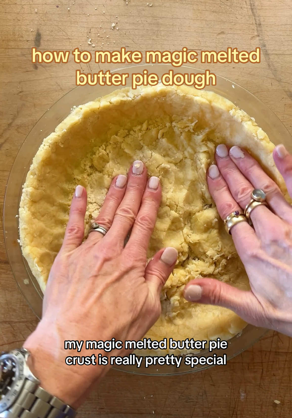 Peeps, did you even know you can make a press in pie dough with melted butter and a little milk? Well it’s true. All you do is whisk together some flour, baking powder and salt and then add some melted butter and warm milk. Press the dough into your pie plate or roll it out for a galette and voila. Flaky, buttery pie dough is done. Easy Peasy, am I right? The recipe is below! 1 ¾ cups all-purpose flour 228 grams  ½ teaspoon kosher salt  ¾ teaspoon granulated sugar  ½ teaspoon baking powder  ½ cup unsalted butter, cubed 113 grams  3 tablespoons whole milk  To make the dough, whisk the flour, salt, sugar and baking powder in a large mixing bowl. Heat the butter and milk in either a 2-cup glass measuring cup, if you have one, or a glass bowl in the microwave on high, in three 30-second bursts, stirring in between each, or in a small saucepan on the stovetop over medium-high heat, until the butter is melted and the milk is steaming hot—the mixture doesn’t need to boil. Pour the hot liquid over the dry ingredients and stir with a fork until the mixture holds together when squeezed. Turn the dough out onto a work surface and knead a few times until smooth. Use immediately.   The dough can easily be pressed into a pie plate or a muffin tin, if making a regular pie or mini pies. If making a galette, roll the dough out between two pieces of parchment paper. And if making hand pies, roll the dough out directly on your work surface – and you likely won’t need to flour it first.  Bake all of your magic melted butter treats at 400 degrees, but the time that it takes to bake your pie, galette, hand pies, etc. will depend on your filling. Pie can take an hour, a galette more like 45 minutes and mini pies and hand pies around 30 minutes. Basically you want the crust to be golden brown . . . And NOTE WELL: the crust cannot be par-baked. #baking #bakingtips #pie #thanksgiving #dough #piecrust #bakingrecipe 