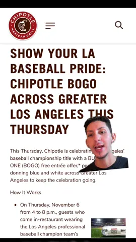 @Chipotle IS HAVING BOGO ENTREES TODAY !!!! Wear your dodgers merch to get the deal.   #fyp #chipotle #dodgers #WorldSeries #chipotlehack 