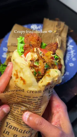Naan with crispy fried chicken 🫔🫓 Recipe  Ingredients listed  Barbecue sauce  Soy sauce  Garlic powder  Parsley  Beef bouillon  Mayonnaise  Ketchup  Mustard  #fyp #crispy #crispychicken #foodtiktok #naan 