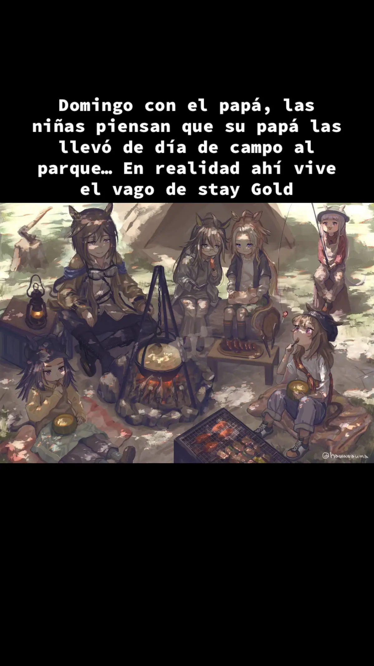 Domingo con el papá, las niñas piensan que su papá las llevó de día de campo al parque… En realidad ahí vive el vago de stay Gold. #umamusume #umamusumeprettyderby #staygold 