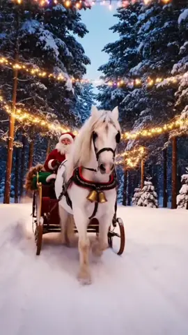 A majestic white horse pulling a sleigh through a snowy pine forest under twinkling Christmas light#horse #christmas2025 #christmas #foruyou #christmasmagic 