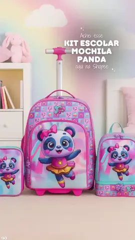 Kit Escolar Mochila Panda Infantil Carrinho + Lancheira + Estojo Menina#kitmochilaelancheira #mochilainfantil #mochilarodinhas #mochilaelancheira 