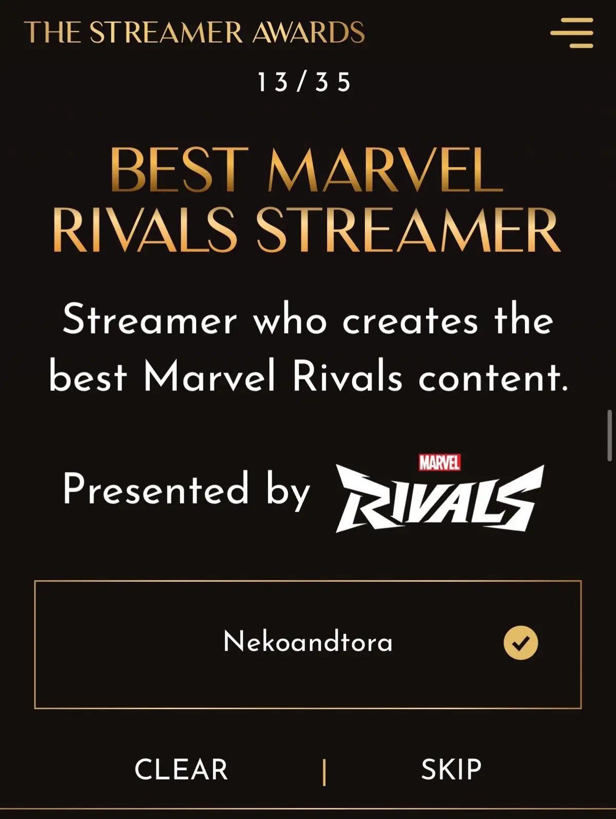 Hi everyone, I will be making a video post for this but I just wanted to start the conversation with the Marvel Rivals community of the streamer awards coming up. There are MANY talented and awesome streamers to pick from, but if I have ever changed your opinion about choosing to play muted or giving up on ranked, if I have ever changed your opinion about not giving comms, to trust in  teamwork, or if I have ever helped you play strategist or any role better in Marvel Rivals, I hope you can nominate @nekoandtora for this award #marvelrivals #marvelrivalsgame #cloakanddagger #gaming #streamerawards 