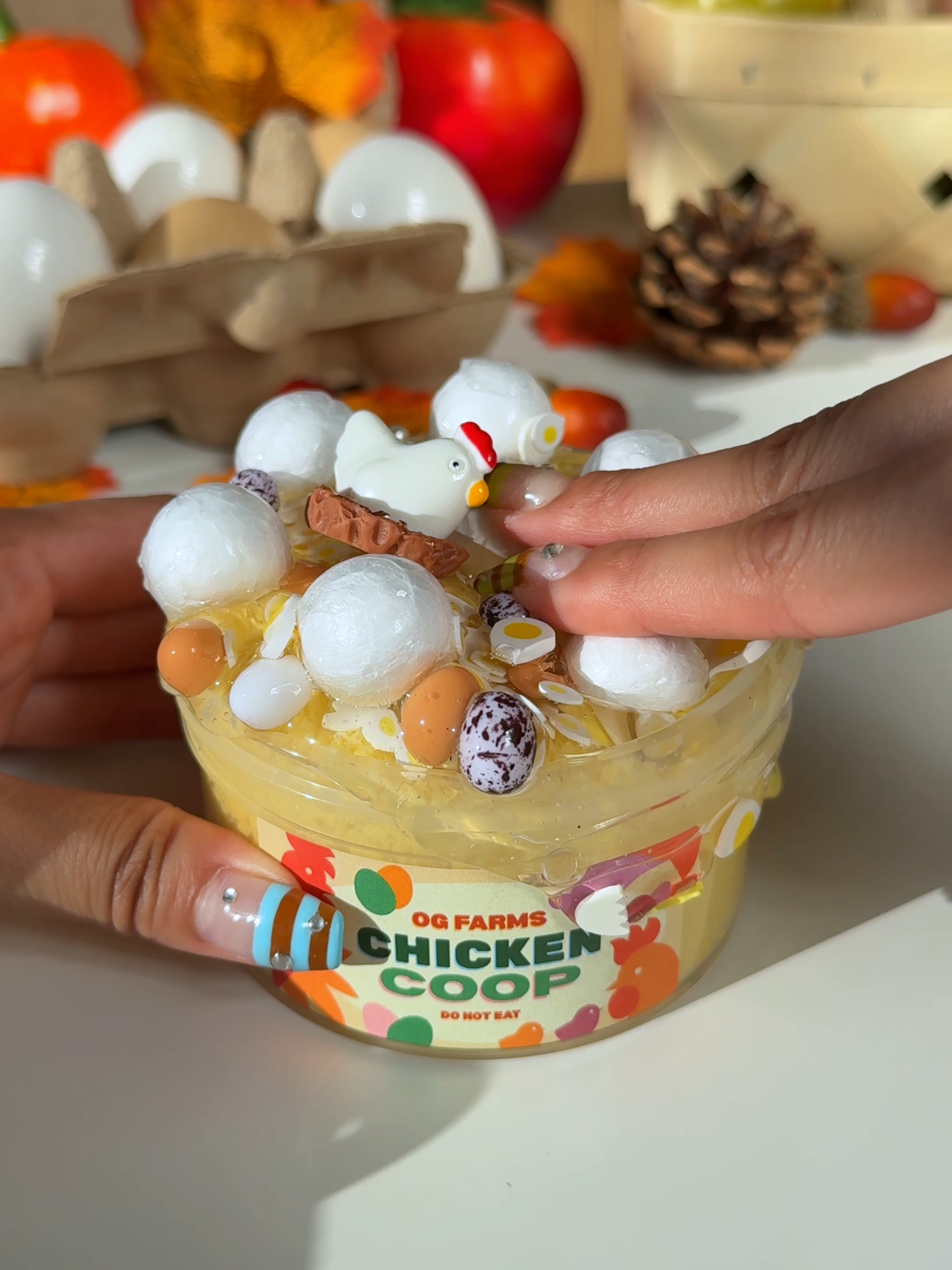 Chicken Coop 🐓 Texture: White Glue Snow Fuzz Scent: Buttery Shortbread, Vanilla Graham Crackers Comes with broody hen charm, and 3 oz jumbo floam topper! #ogslimes #slime #slimeshop #asmr #fyp