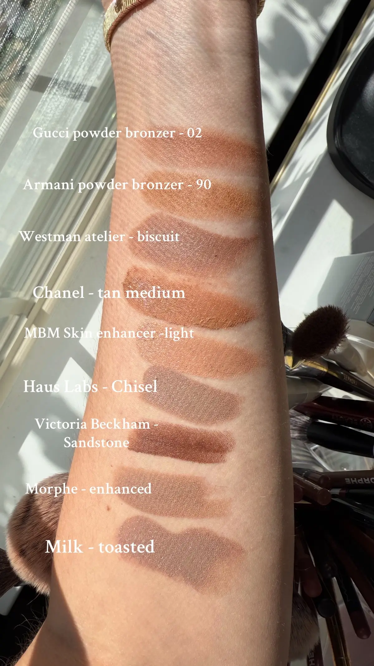 @Gucci powder bronzer - 02 @Armani beauty powder bronzer - 90 @Westman-Atelier - biscuit @ChanelOfficial - tan medium @Makeup By Mario Skin enhancer light @Haus Labs - Chisel @Victoria Beckham Beauty -Sandstone @Morphe Cosmetics - enhanced @milkmakeup - toasted #bronzer #contour #makeuphacks #makeupreview 