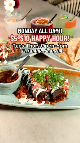 $5 - $10 DRINKS & MEXICAN FAVORITES like our Barbacoa Potato Taquitos, Grilled Chicken Quesadilla & Barbacoa Sopes… just to name a few!😍✨ Details below!👇 📍En Familia - Mexican Steakhouse, Anaheim  🍹NEW HAPPY HOUR!!✨ ALL DAY MONDAY | Tues-Thurs Open-6pm! $10 MEXICAN FAVORITES! •Potato Barbacoa Taquitos (3) •Chipotle Chicken Tinga Tostadas(2) •1 Steak & 1 Chicken Tacos with Rice & Beans •Shrimp Ceviche Tostada •Wagyu Queso Fundido •Grilled Chicken Quesadilla •6 Zarandeado Wings •Fire Roasted Papas Bravas •Side Portion Caesar •Barbacoa Sopes (2) 🍻$5 House Draft Beers  🍹$8 Margaritas & Mezcalitas  🍸$10 Select Craft Cocktails ✨ No Seed oils 🔥 Tallow-cooked  • • • #EnFamilia #OCFoodies #Foodies #Anaheim #OCeats           