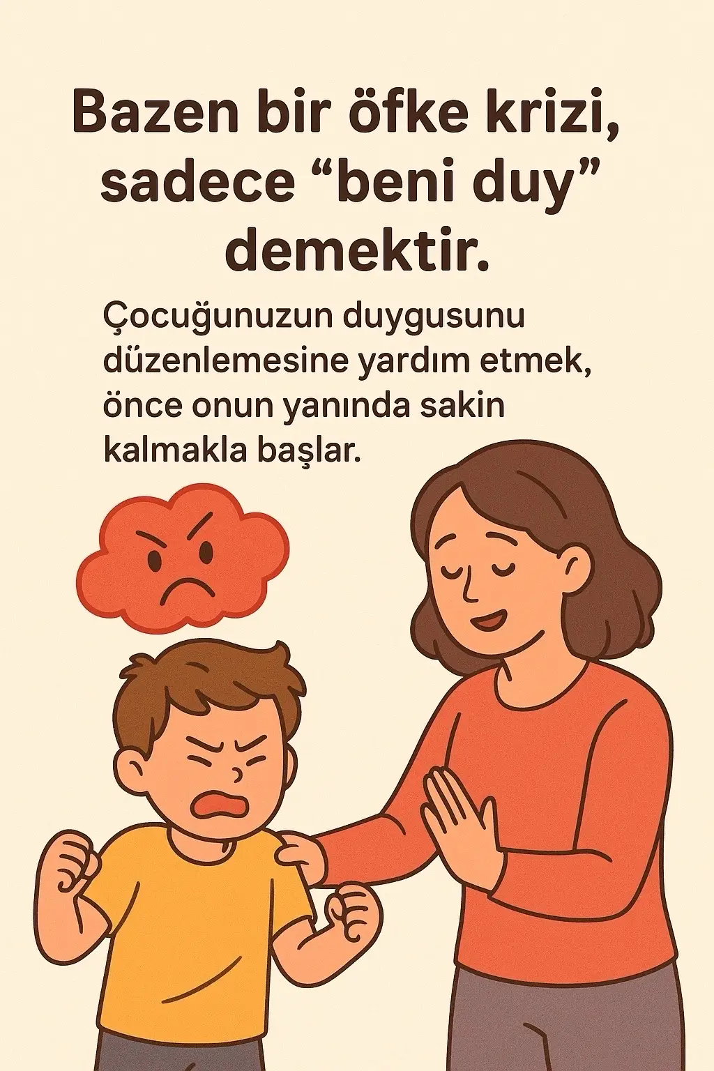 Bir çocuğun öfke anı… aslında yardım çağrısıdır. Duygularını düzenlemeyi öğrenirken en çok bizim sakinliğimize ihtiyaç duyarlar. Onların fırtınasında liman olmak en büyük destek 🌿✨ Peki nasıl yardım edebiliriz? • Yanında sakin kalmak • Hislerini isimlendirmek: ‘Kızgınsın, görüyorum.’ • Ona küçük bir mola alanı sunmak • Sakinleşince konuşmak Küçük adımlar, büyük farklar yaratır 💛 #e#ebeveynlikc#cocukgelisimid#duygudüzenlemea#annebabayiik #c#cocukpsikolojisi