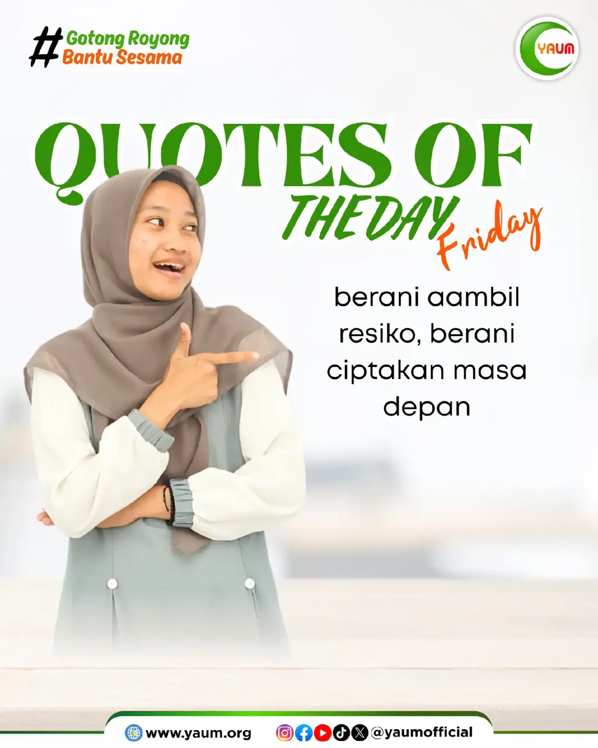 Berani mengambil risiko adalah langkah awal untuk membuka pintu menuju masa depan yang kita impikan. Tanpa keberanian untuk melangkah keluar dari zona nyaman, kita tidak akan pernah tahu seberapa jauh potensi kita sebenarnya. Setiap tantangan yang dihadapi dan setiap keputusan yang berani diambil adalah investasi berharga bagi masa depan yang lebih gemilang. Ingat, masa depan diciptakan oleh mereka yang tidak hanya berani bermimpi, tapi juga berani bertindak.😇✨  🌟 Yuk, bantu sesama, tebarkan manfaat, untuk semua. 📞 Konfirmasi Donasi:  0821-2141-2515 🏦 BSI 7108384958  a.n. Yayasan Amanah Ummat Muslimin 🌐 [www.yaum.org] 📲 IG | FB | TikTok | YouTube:  yaumofficial #YAUMofficial #BantuSesama  #TebarkanManfaat