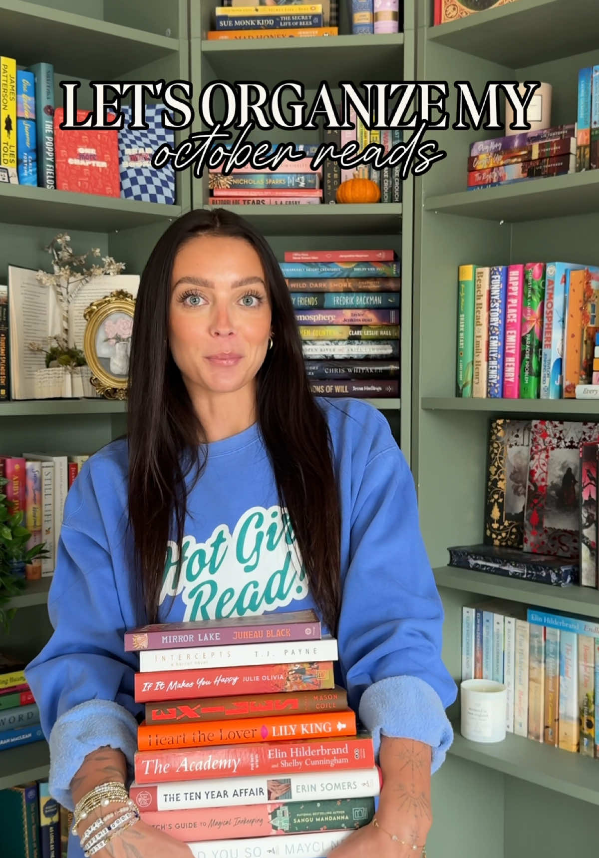 Replying to @jenna_turner organizing my october reads 📚 a full bookshelf tour is coming, i promise! these are the ikea billy bookcases painted in sherwin williams dried thyme!  #bookorganization #octoberreads #ikeabillybookcase #monthlyreadingwrapup #bookshelforganization  