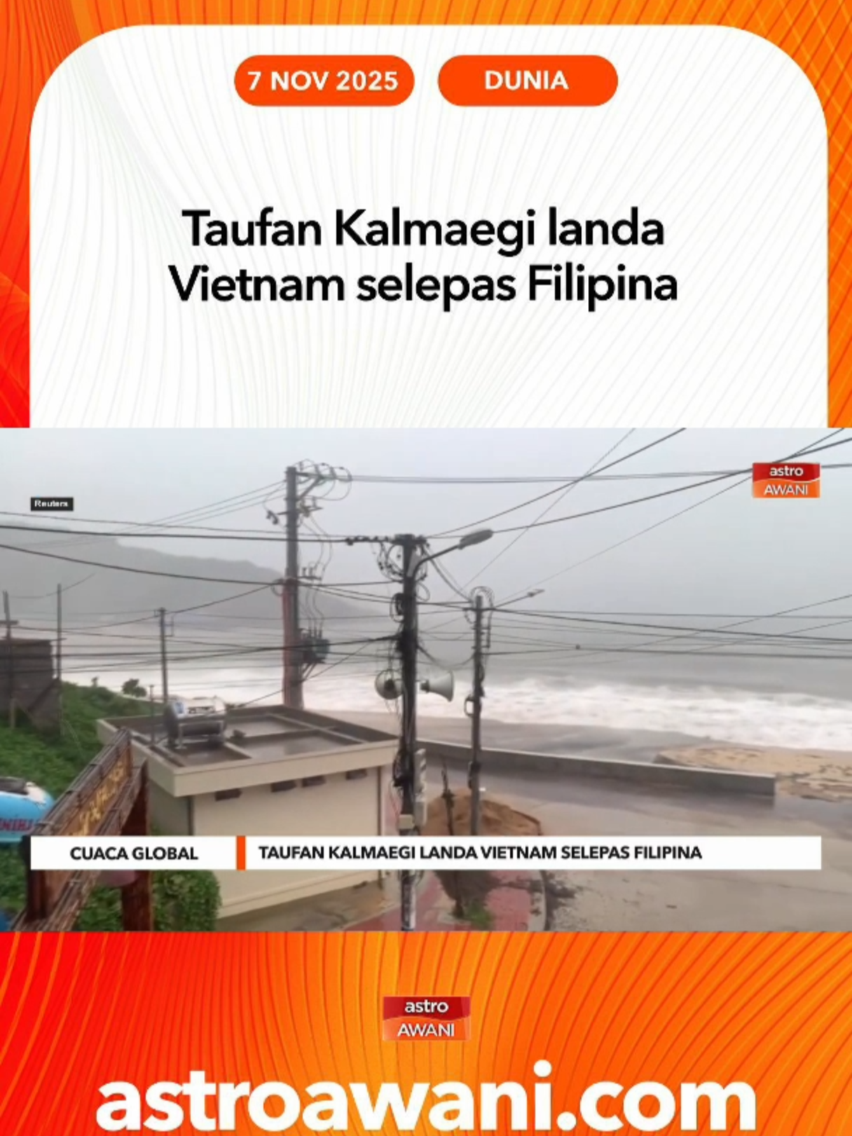 Taufan Kalmaegi melanda Vietnam pada Khamis, memaksa pihak berkuasa membatalkan ratusan penerbangan serta mengarahkan penduduk kekal di dalam rumah, dua hari selepas ribut itu mengganas di Filipina dan meragut sekurang-kurangnya 114 nyawa. #AWANInews