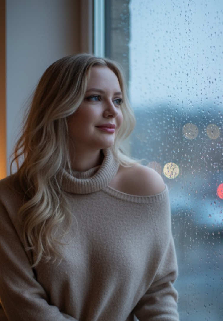 Gemini IA 🌧️ Prompt: Create a cinematic portrait of a woman sitting by a rain-covered window, the city lights blurred in the background. She wears a soft beige knit sweater that falls slightly off one shoulder, and her hair is loose, slightly tousled, framing her face naturally. Her expression is calm and reflective, with a faint smile as she looks outside, lost in thought. The cool blue-gray tones of the scene contrast with the warm glow of a nearby lamp, creating a mood of quiet elegance and gentle melancholy — as if she’s savoring a peaceful moment in the middle of a rainy evening. #geminiprompt #gemini #IA #fy 