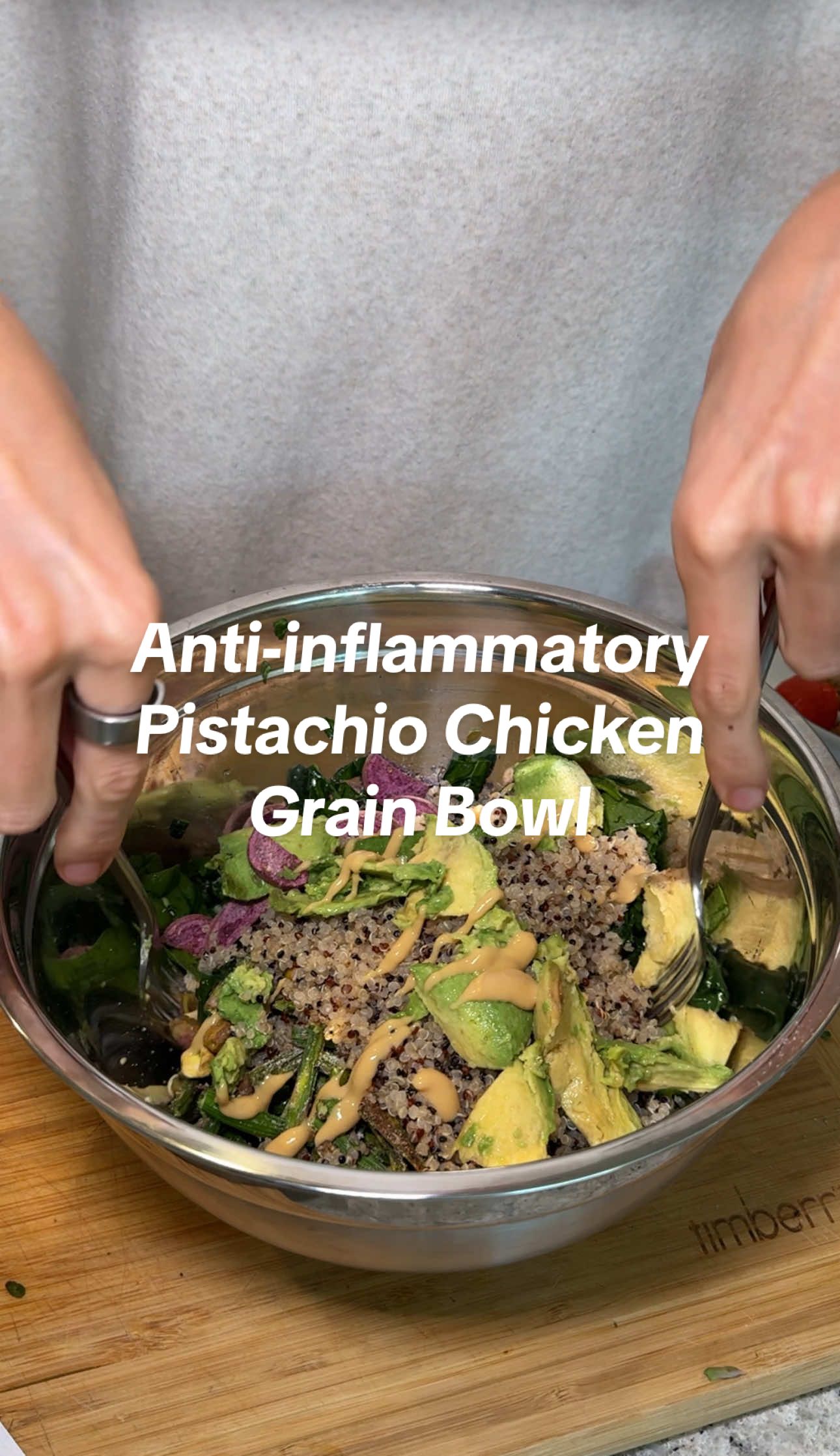 RECIPE: - grill chicken breast or get premade chicken - cook 56g or 1/4 cup quinoa on stove  - 1/2 of small purple sweet potato air fryer 18 min on 450 - 10-12 spears of asparagus air fried for 10 min at 450 - spinach & chopped kale base messaged in olive oil or ginger honey - 1/2 avocado  - roasted tomato - 2 tbsp of pistachios (no seed oils) - squeeze honey Dijon mustard on top Optional: add sunflower or pumpkin seeds for seed cycling with hormones  #antiinflammatory #cleaneating #healthyrecipe #DinnerIdeas #lunchideas 
