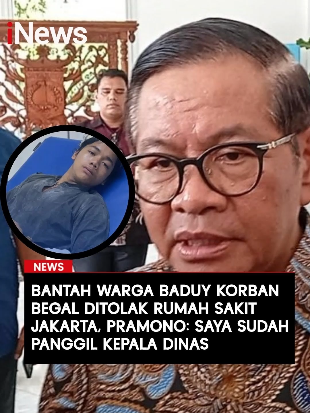 Gubernur Jakarta, Pramono Anung menanggapi berita viral soal Warga Baduy korban begal di kawasan Cempaka Putih, Jakarta Pusat  yang ditolak rumah sakit karena tidak memiliki KTP.   Warga Baduy bernama Repan itu menjadi korban kejahatan saat berjualan madu. Tak hanya terluka, Repan juga kehilangan uang sebesar Rp3 juta dan 10 botol madu dagangannya.  