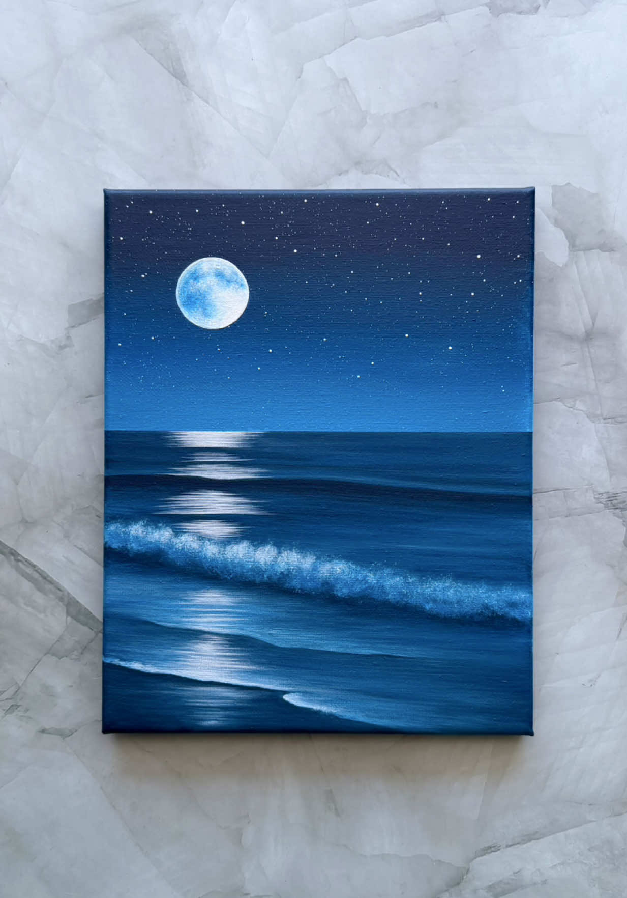 the moon remembers 🌔🩵🌊✨ the moon remembers what the waves forget 🌊🩵 does this moonlight over the ocean make you feel calm too? 💭 save this if you love calm night skies 🥹✨ 🎨 navy blue · primary blue · pale blue · white #paintingprocess #acrylicpainting #arttok #satisfyingart #paintingtutorial 